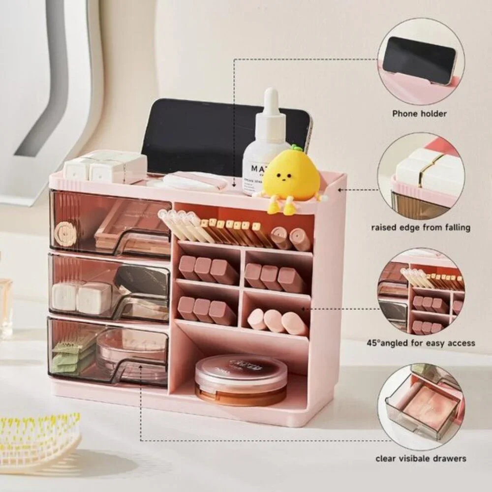 New Pink Makeup Organizer, 3-Drawer Vanity & Skincare Storage for Room Counter